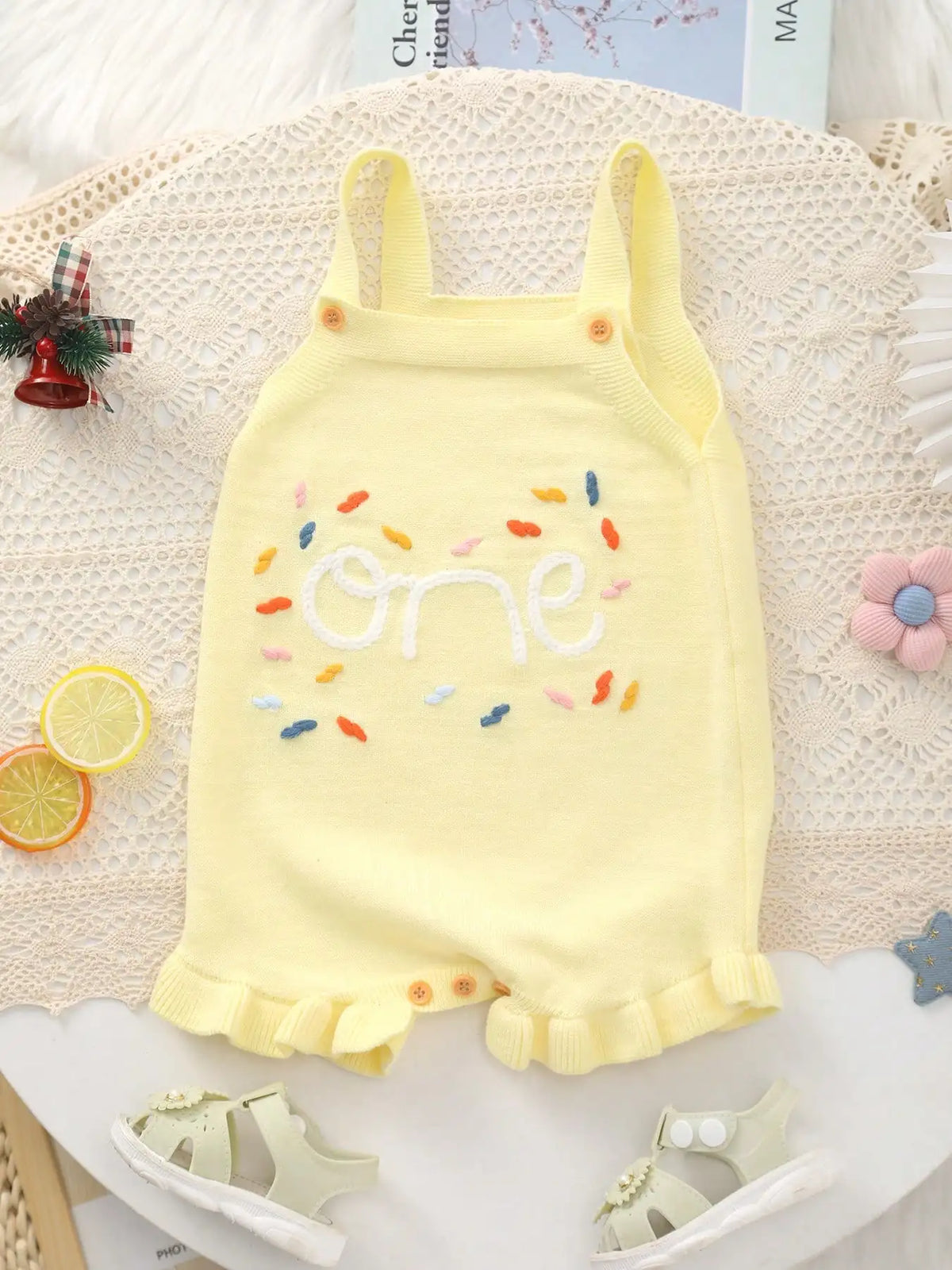 Cute and Sweet Summer Romper for Baby Girls with Colorful Embroidered "One" Lettering and Knit Suspenders