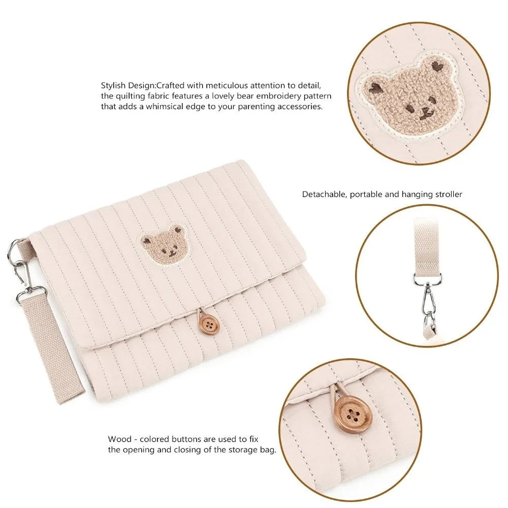 Cute Baby Hanging Diaper Bag Multi-Compartment Cotton Foldable Storage Pouch with Wipe Holder Detachable Strap