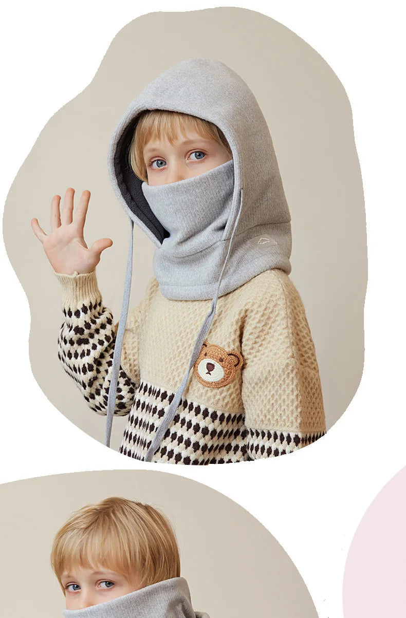Children Winter Hat Scarf Mask One-piece Ears Neck Warmer Kids Bonnet Hats for Skiing Fleece Lining Child Girls Boys Cap 4-10Y