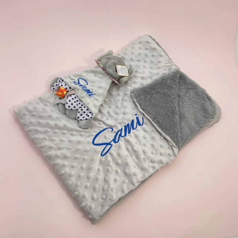 Personalized Newborn Baby Blanket with Name Custom Dot Minky Stroller Swaddle Set Security Towel Baby Shower Gift for Infant Boy