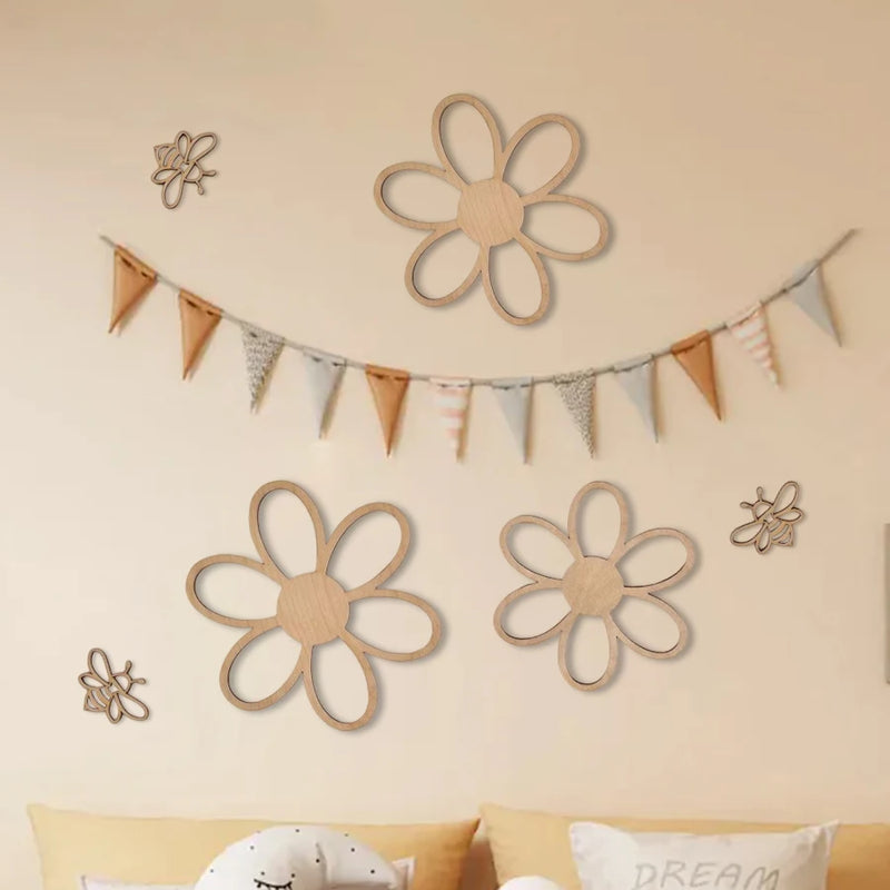 6Pcs/Set Nordic Style Wooden Hollow-Out Daisy Flower and Hollow-Out Bee Wall Decoration Wall Stickers, Natural Wood Style Decoration for Home Living Room, Bedroom, Cafe, Homestay Wall Wooden Wall Stickers Decoration