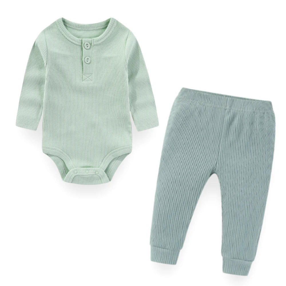 Unisex Baby Pure Color Outfit Two Piece Set Long Sleeve Bodysuits and Pants 0 to 24 Months