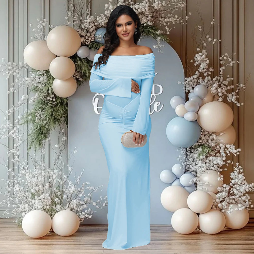 Maternity Off Shoulder Maxi Dress With Mesh Paneled Ruched Baby Shower Photoshoot Outfit