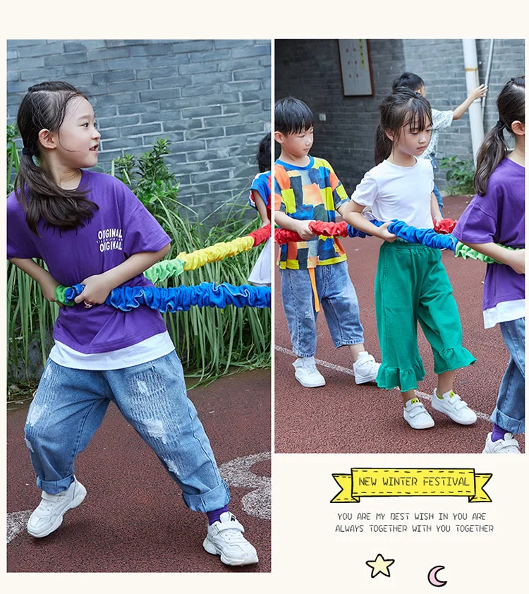 Elastic Rainbow Rope Stretchy Band Running Pull Circle Outdoor Team Sports Kindergarten Physical Training Equipment Outdoor Toy