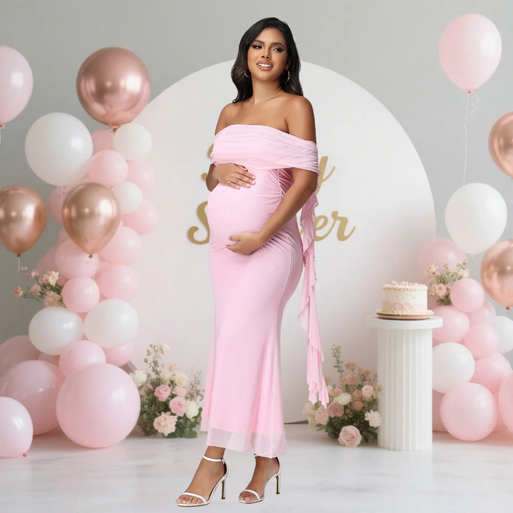 Maternity Mesh Off Shoulder Women‘s Dress for Photoshoot Exquisite Strapless Ruffle Drape Long Gown for Baby Shower