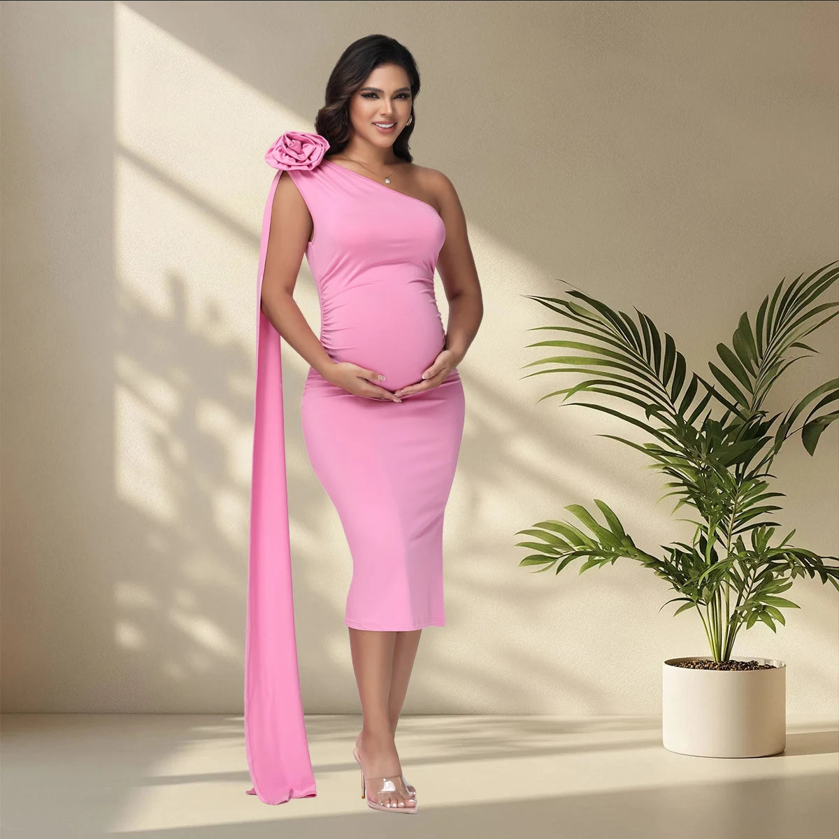 Maternity One Shoulder 3D Floral Floating Sleeve Bodycon Summer Midi Dress Model MSD01 For Baby Shower Photoshoot