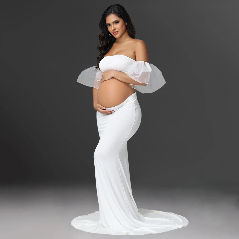 Maternity Ouifits 2Pcs Organza Sleeves Tube Top and Mermaid Hem Maxi Dress for Baby Shower Photoshoot
