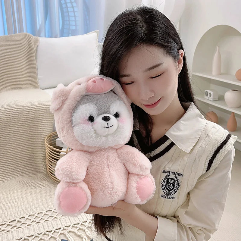 New Creative Cute Husky Dog Plush Toy Stuffed Kawaii Puppy Dog Transform to Pig Koala Dinosaur Fox Cartoon Soft Animal Doll