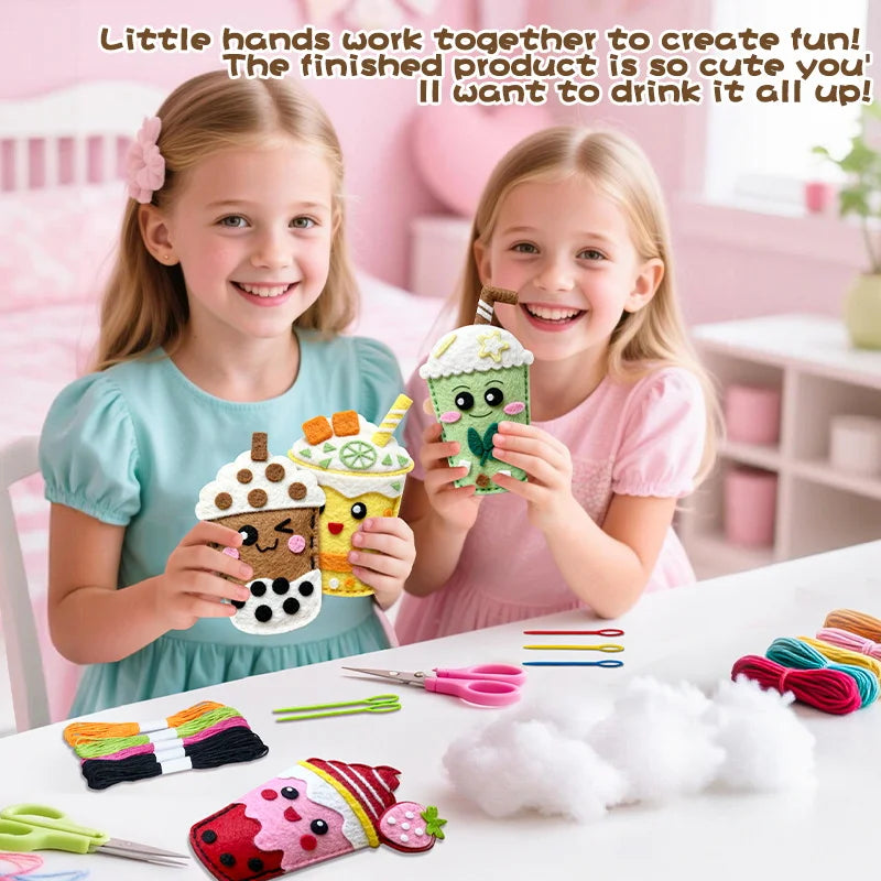DIY Sewing Toys for Kids, Make Milk Tea Ocean Animal Plushie Craft Set Handmade Fabric with Holes and Threads Gifts