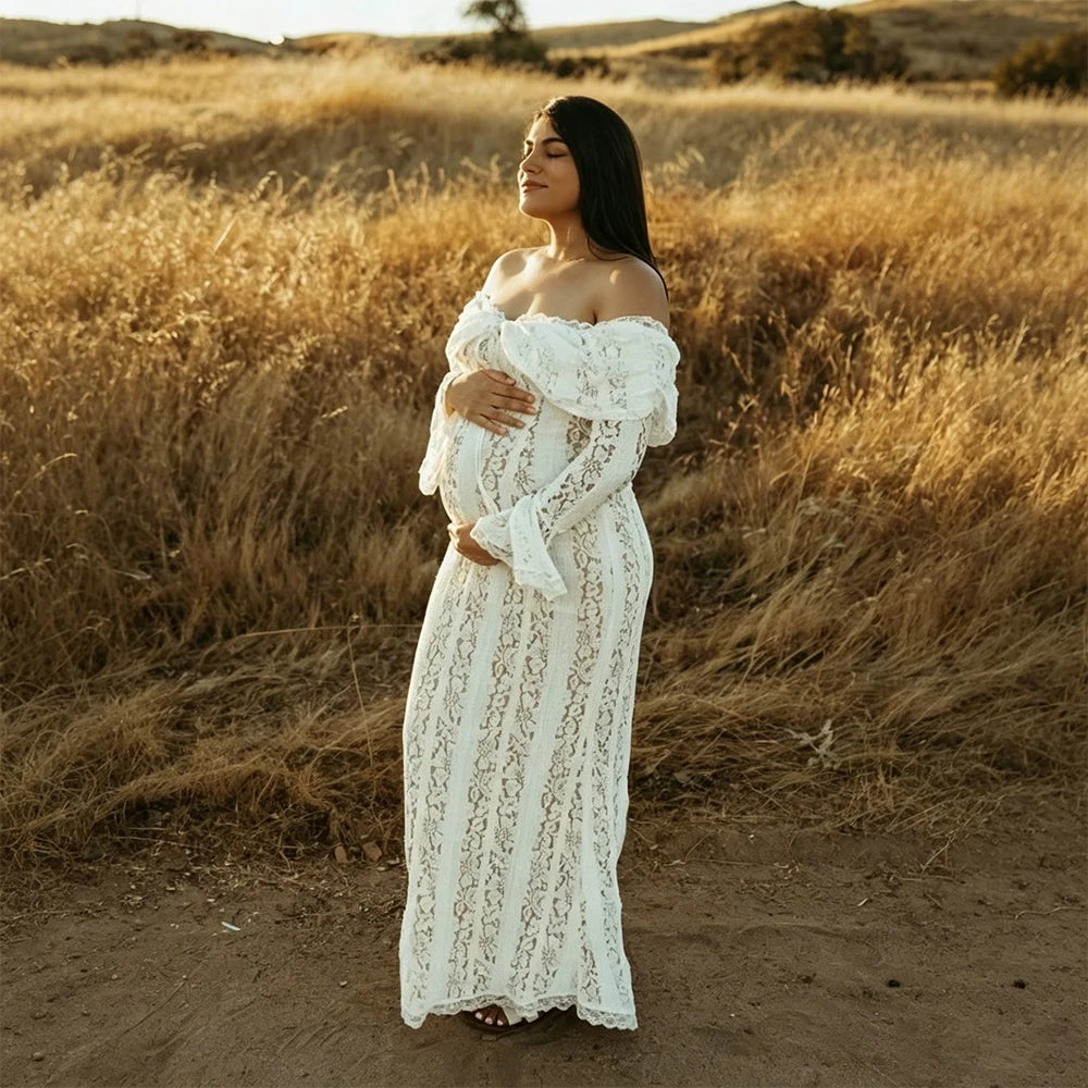Maternity Lace Off Shoulder Dress Long Bell Sleeves Slim Photography Gown for Photoshoot Baby Shower