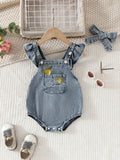 Baby Summer Casual Denim Overalls + Denim Hairband with Adjustable Straps And Lace Trim Shoulder Straps for Comfortable Fit