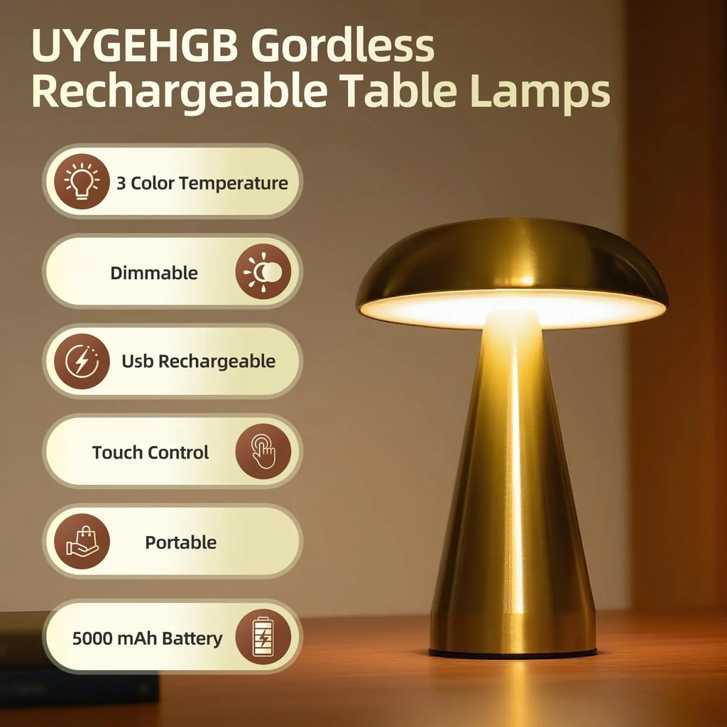 Retro Mushroom LED Table Lamp Touch Sensor Rechargeable Bedside Reading Light for Bedroom Restaurant Bar Decor