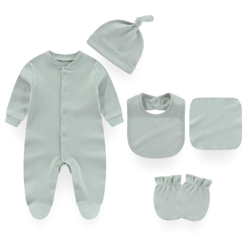 Kiddiezoom 7 Colors Solid Newborn Unisex Baby Clothes Set Rompers Burp Cloth Bib Hats Gloves 100 Percent Cotton