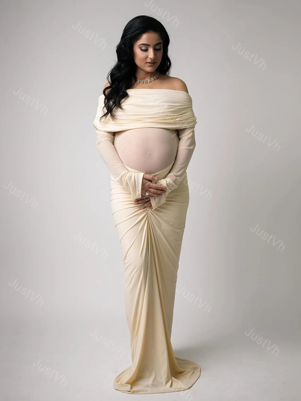 Maternity off Shoulder Long Sleeves Maxi Dress Mesh Paneled Rouched Baby Shower Outfit for Photoshoot