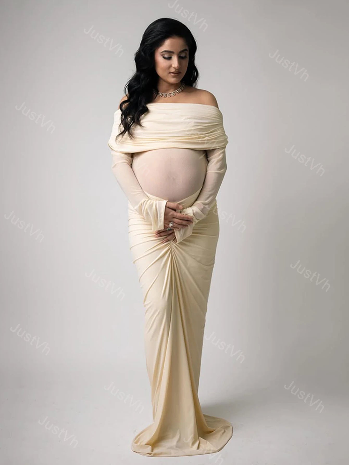 Maternity off Shoulder Long Sleeves Maxi Dress Mesh Paneled Rouched Baby Shower Outfit for Photoshoot