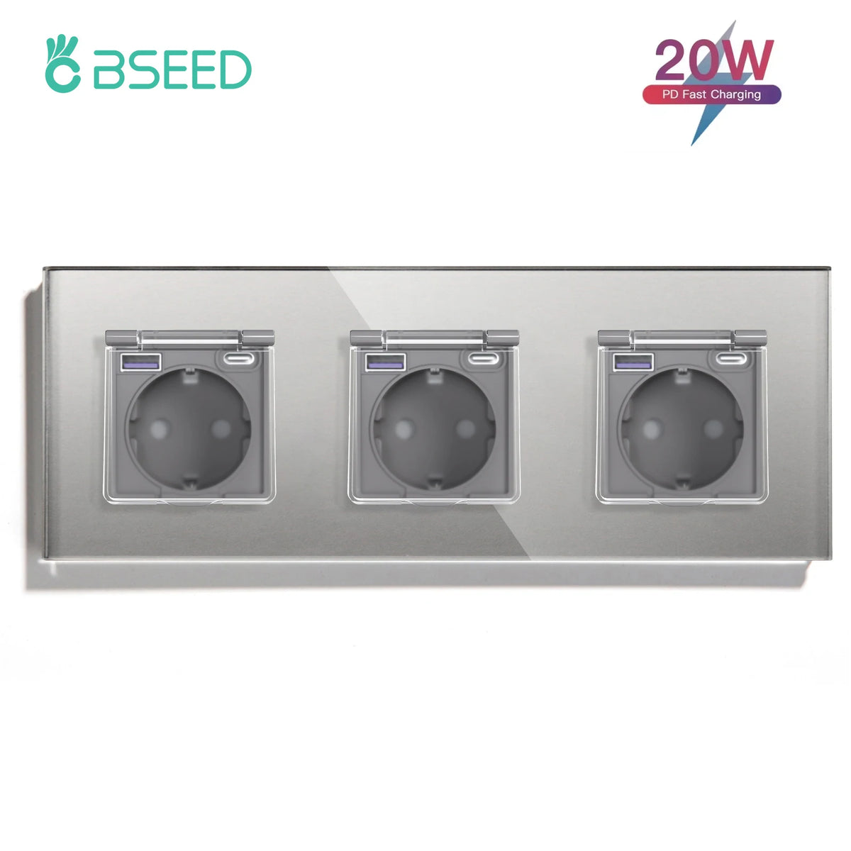 BSEED Eu Wall Socket With Type-C Usb 20W Waterproof Cover, Double Triple Power Sockets, Model Eu