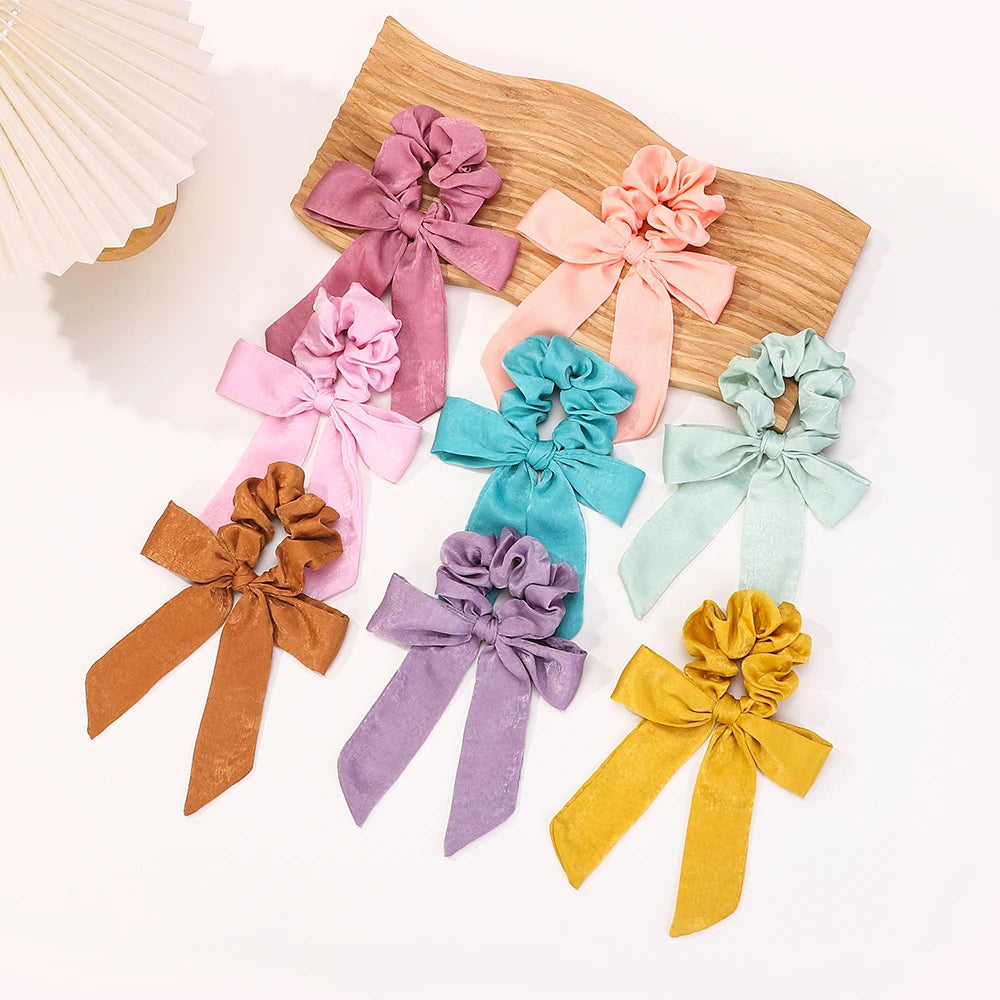 10Pcs Random Color Hair Band Elastic Bowknot Rubber Band Solid Color Headrope High Ponytail Leather Band