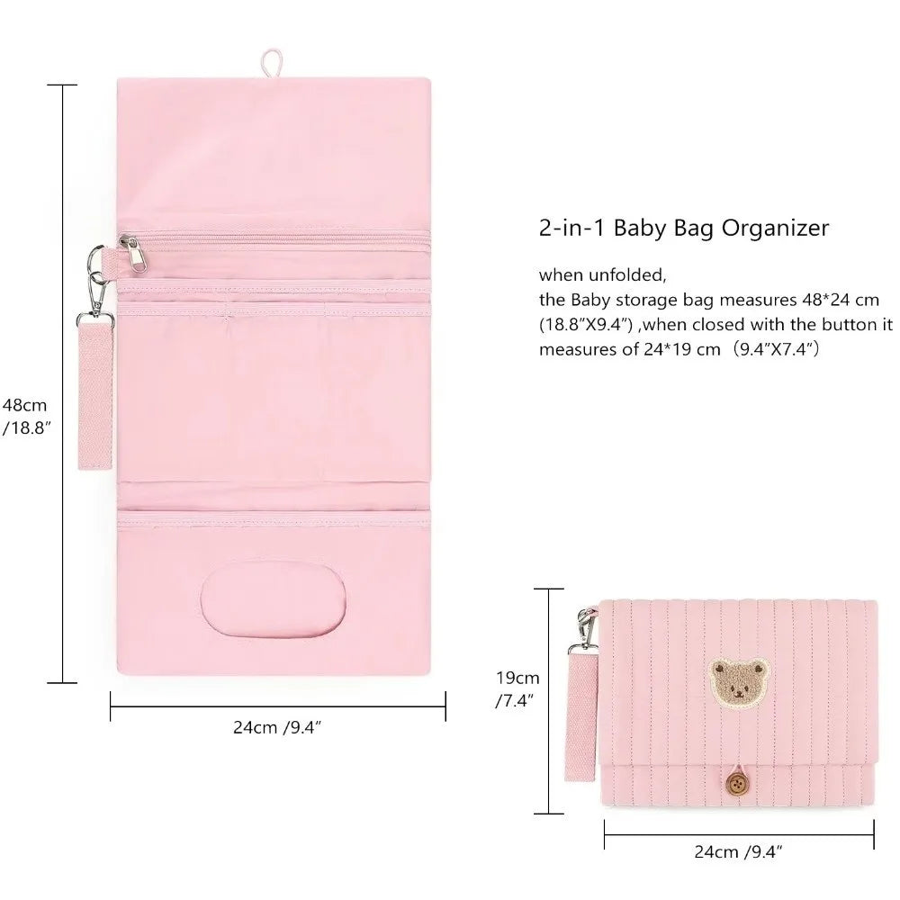 Cute Baby Hanging Diaper Bag Multi-Compartment Cotton Foldable Storage Pouch with Wipe Holder Detachable Strap