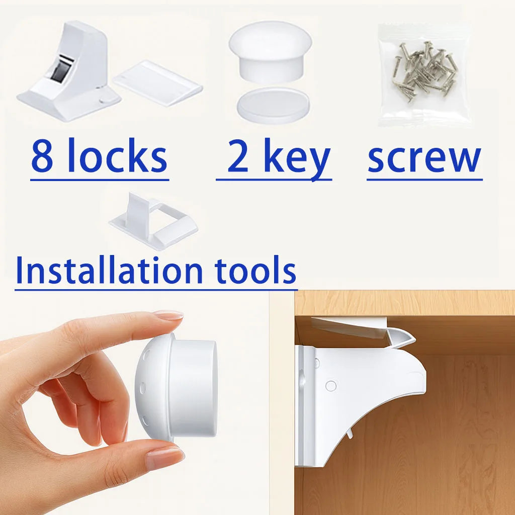 4/8Piece Magnetic Child Safety Cabinet Locks No Drill Baby Proofing Drawer Lock with Key Adhesive or Screw Mount Option