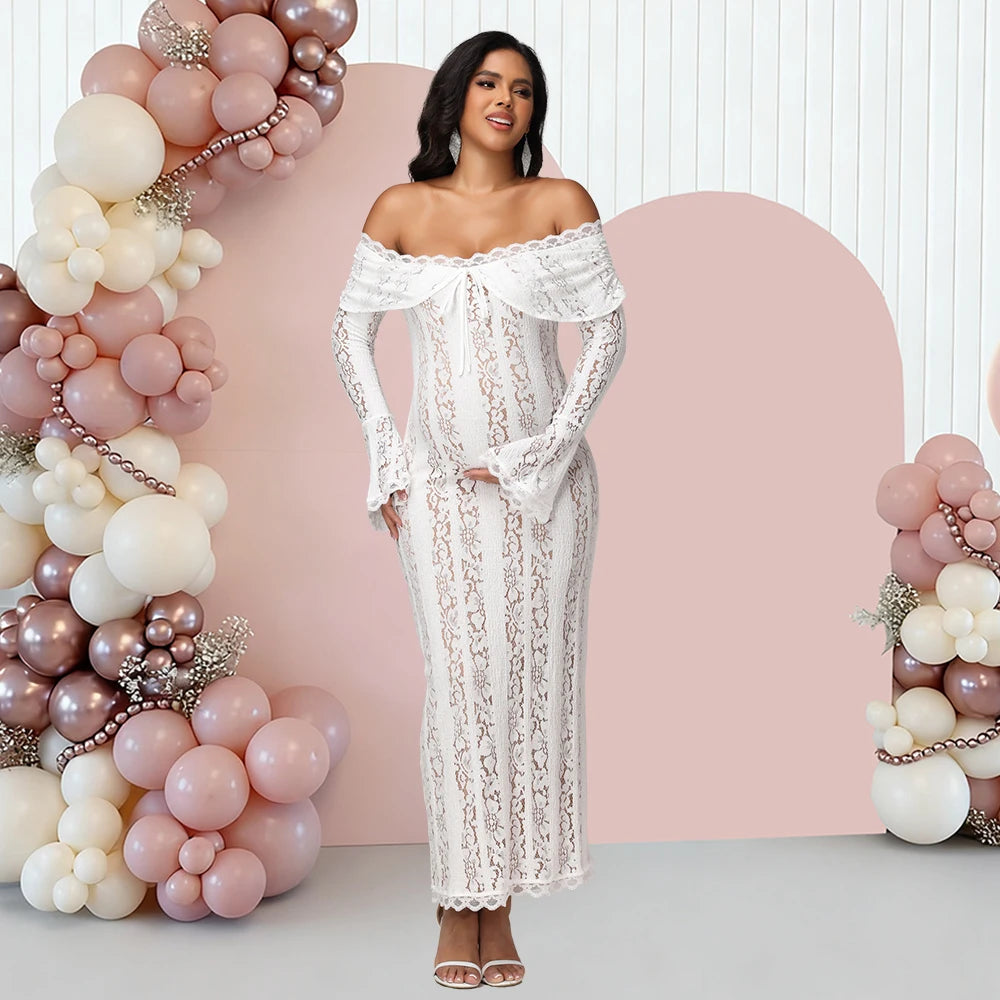 Maternity Lace Off Shoulder Dress Long Bell Sleeves Slim Photography Gown for Photoshoot Baby Shower