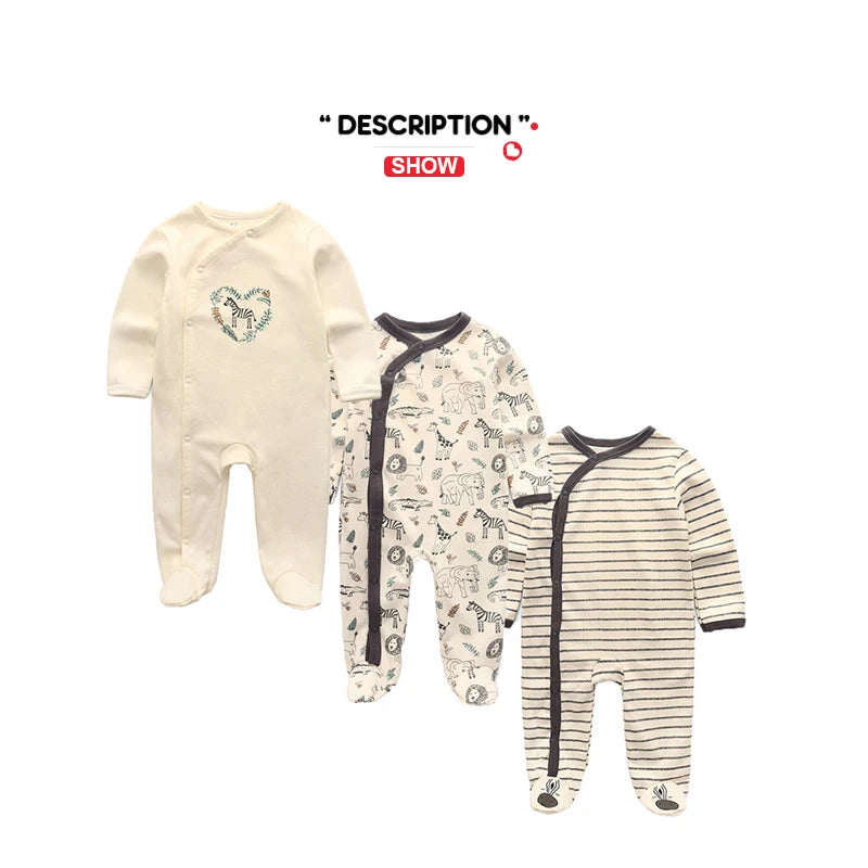 Kiddiezoom 3 Pcs/Lot Autumn Winter Unisex Animal Print Long Sleeve 100%Cotton Baby Boy Girl Rompers Casual Newborn Clothing