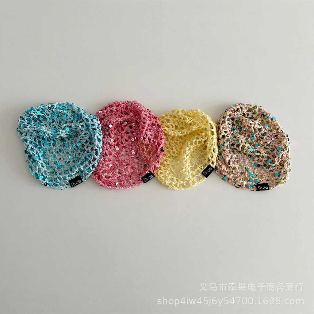 Early Autumn New Ethnic Style Sequin Hollow Knitted Pullover Hat for Girls Fashionable Stylish Fishnet Headwrap Hat