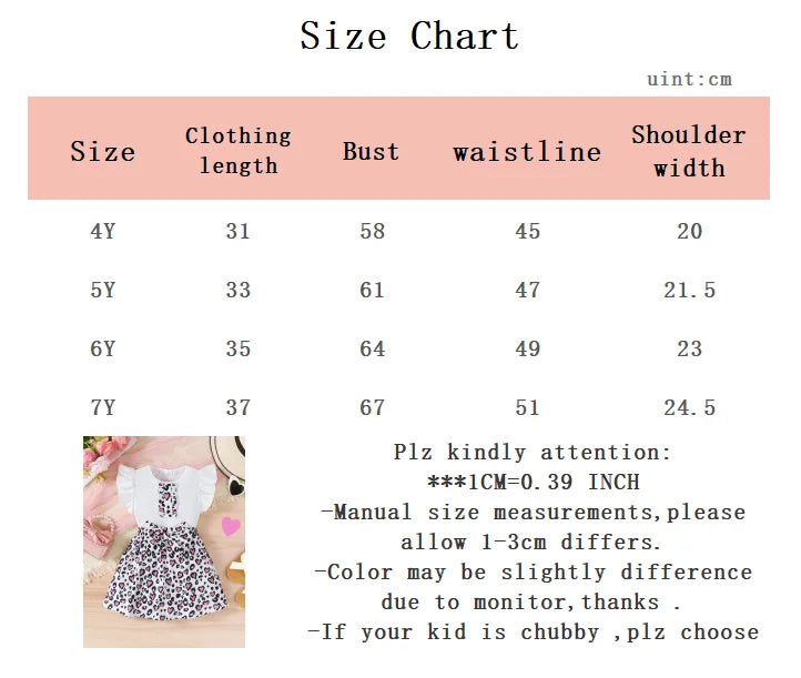 2Pcs Children's clothing Girl Flying sleeve White Top Leopard Print Bow Skirt Set for 4-7 Year old Girls Summer Fashion Set