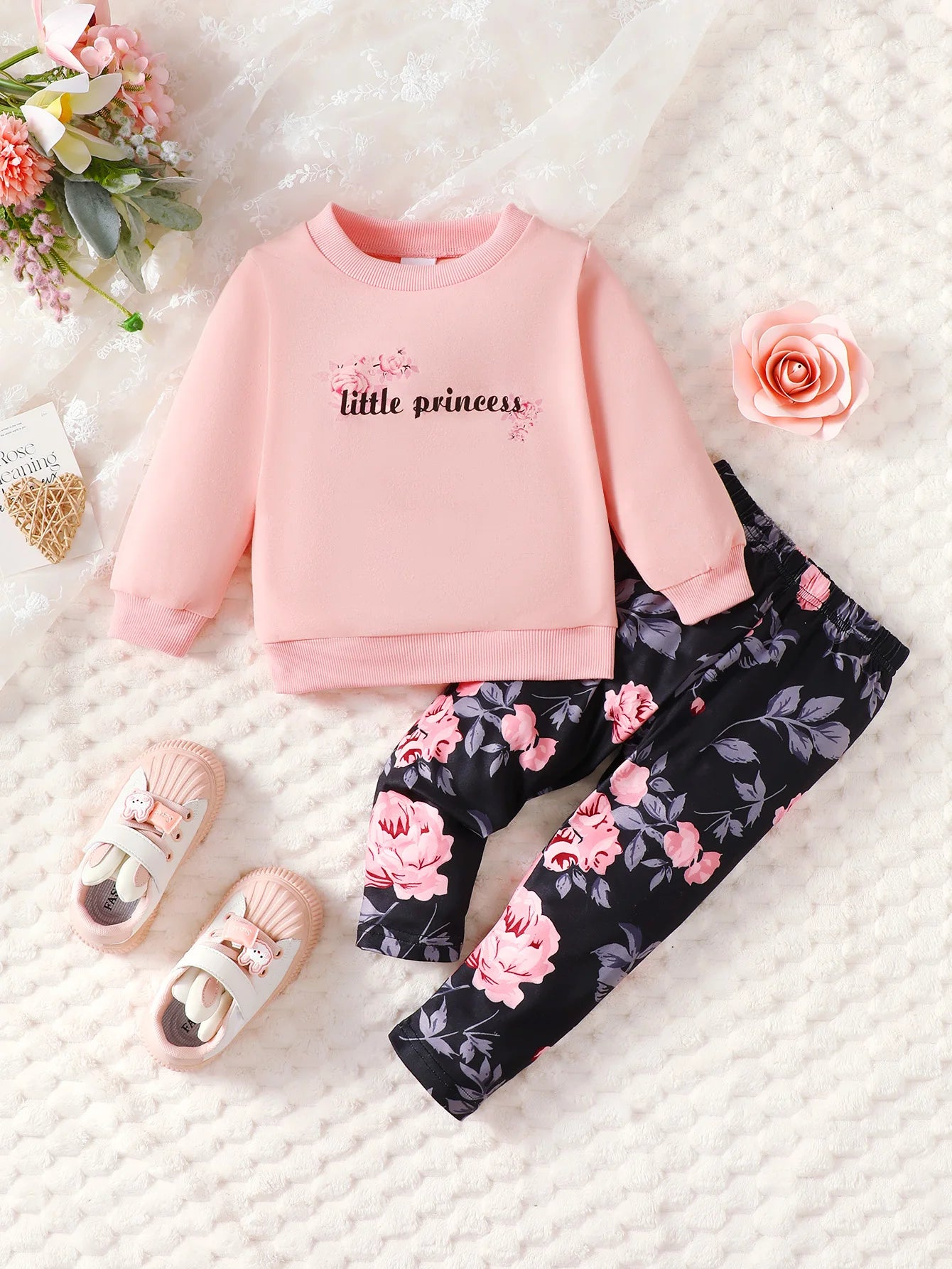 Baby Girl's Pink Pullover Top And Slim Fit Floral Pants Set Casual Spring Autumn Fashion Two-Piece Outfit with Letter Print