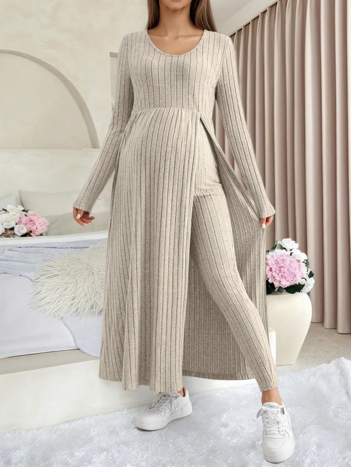 Maternity Women's Two Piece Sets and Outfits Long Sleeve Soft Ribbed Longline Casual Home Lounge Pants Set
