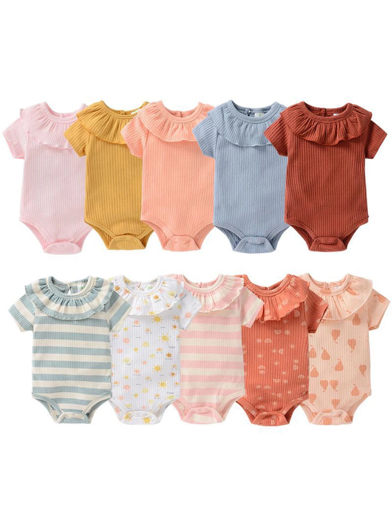1 Piece Summer Short-sleeved Baby Bodysuit with Frills, Baby Girl with a Lace Collar and Ribbed Seam, a Cute Onesies