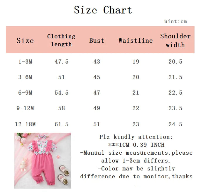 Newborn Baby girl Jumpsuit, Small Floral Volor Blocked Jumpsuit+Bow 0-18 Months, Comfortable Crawling Clothes for Female Babies