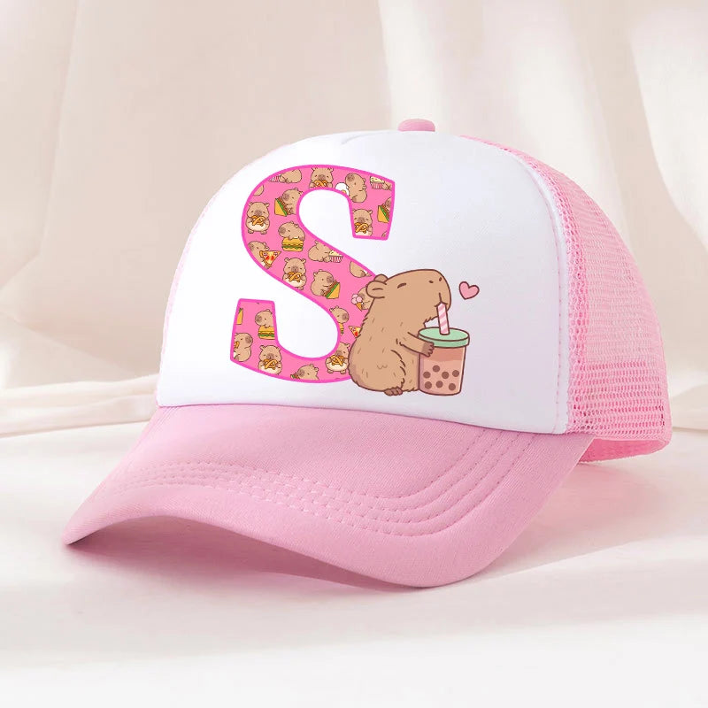 Capibara Baseball Cap Girls Women Anime Capybara Letter A-Z Sun Hat Kids Adult Summer Breathable Mesh Sunbonnet Outdoor Headgear
