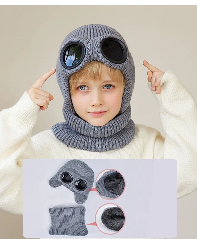 Skiing Children Winter Hat Scarf Set Knitted Kids Beanie with Goggles Ears Protection Child Bonnet Hats for Girls Boys 4-10Y