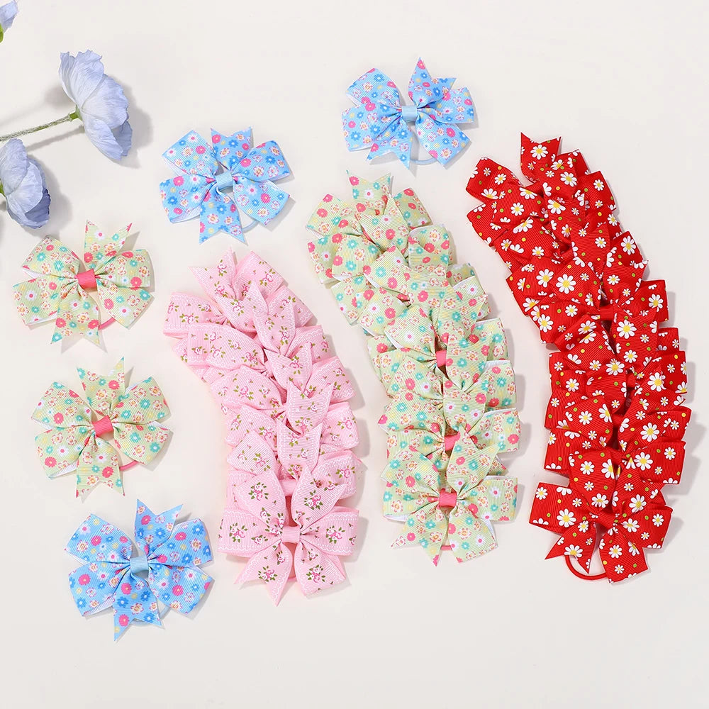 50Pcs Random 3inch flower bowknot hair rope for girls fresh printing head ties toddler cute ponytail hair band set