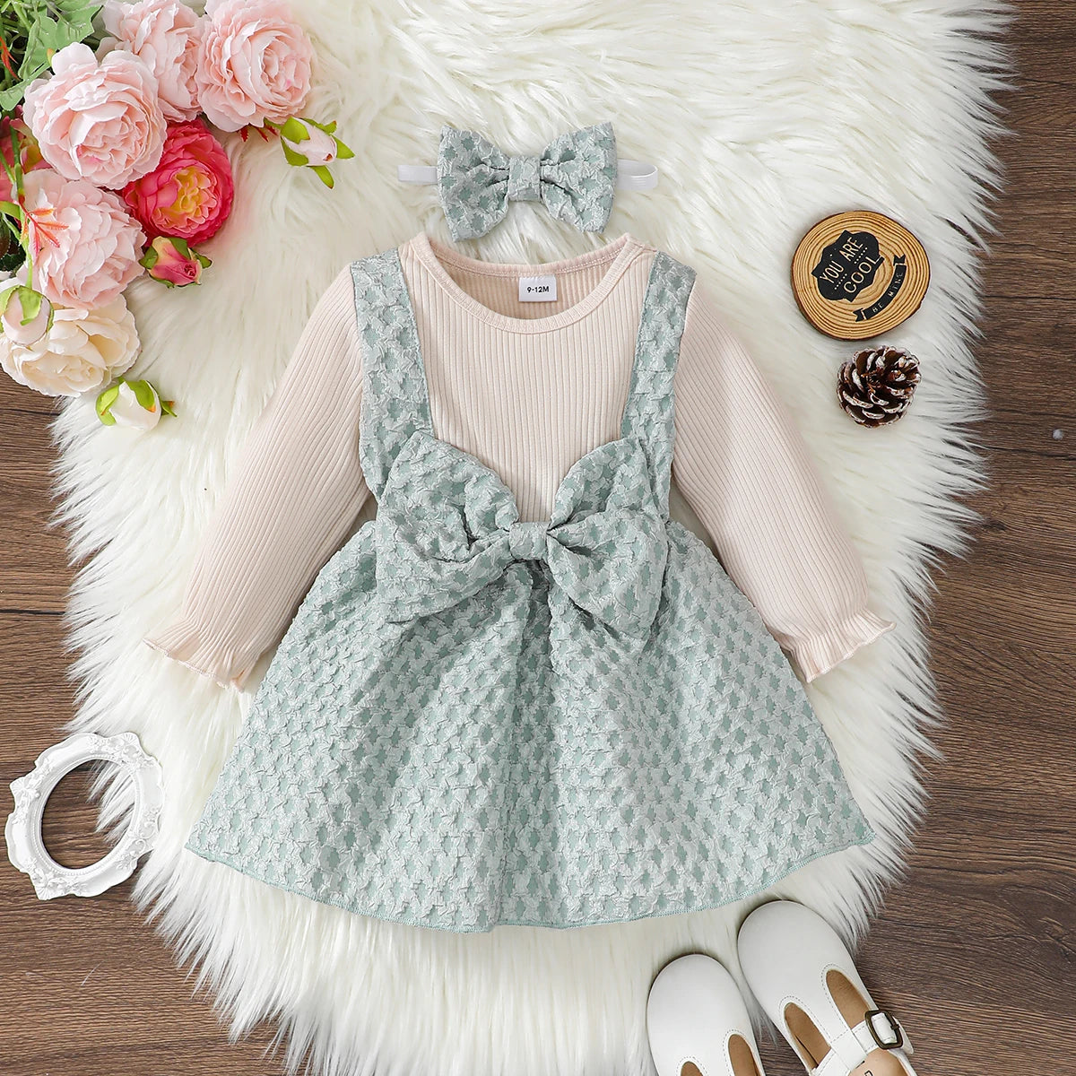 Toddler Girl Dress And Headband Set 0-3Y Cotton Blend Long Sleeve Party Dress For Festive Occasions
