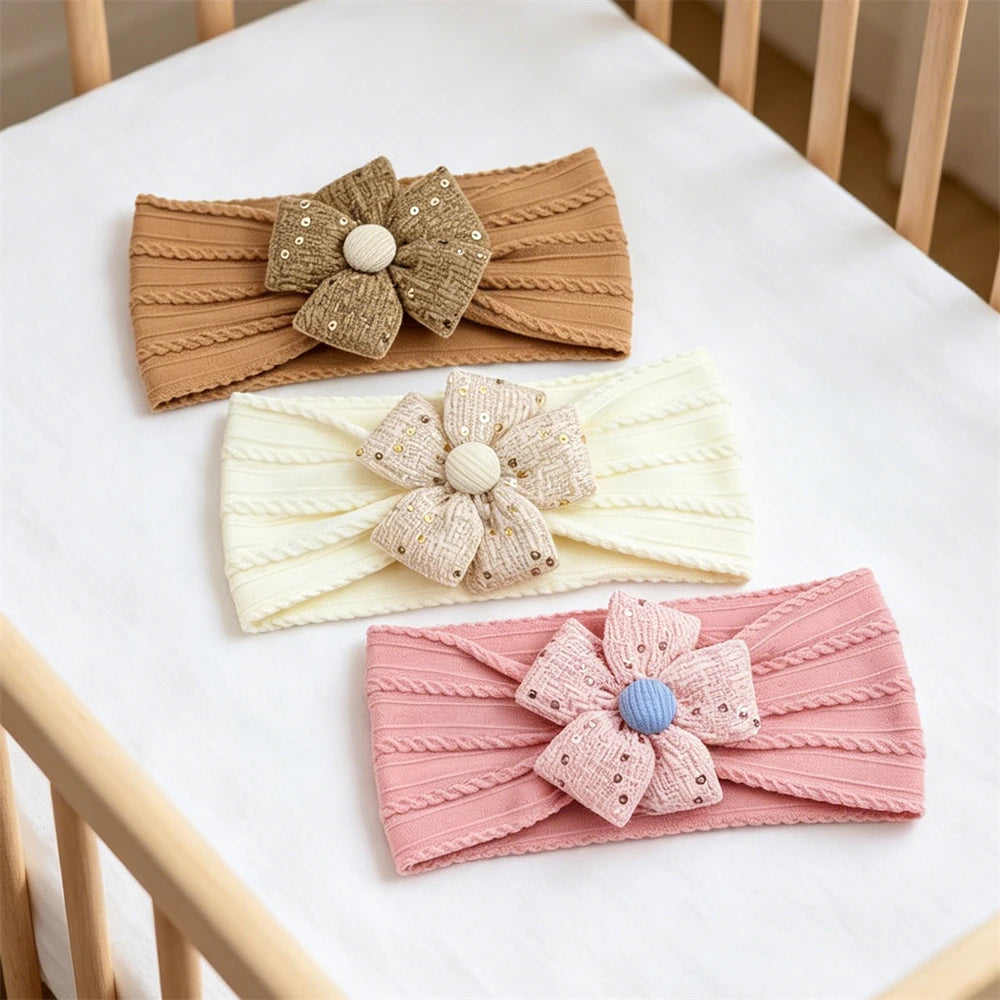 2026 New Arrival Baby Girl Flower Headband Soft Nylon Elastic Turban Sequin Tweed Bow Newborn Hairbands Toddler Hair Accessories