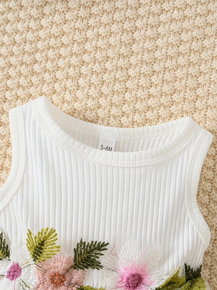 Newborn 2024 Baby Girls Dress Summer Waist Flower Vest Sleeveless Short Top Sweet Girl Lace Mesh Dress