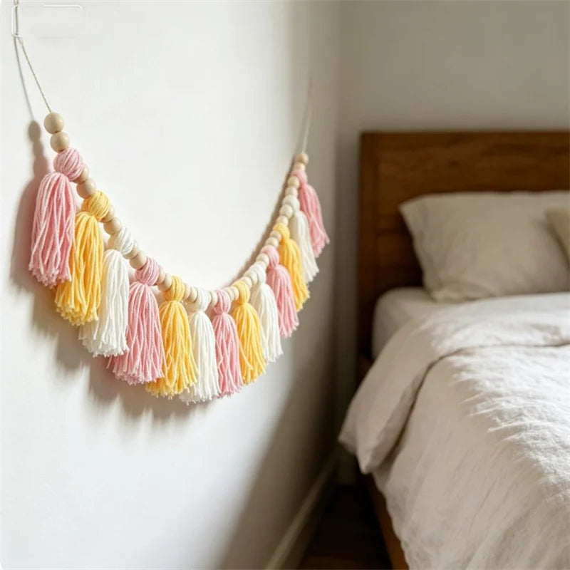 Bohemian Pink and Yellow Tassel Banner for Decoration, Handmade Tassel Garden, Home Children's Room Decoration, Fireplace Banner - Baby World SA