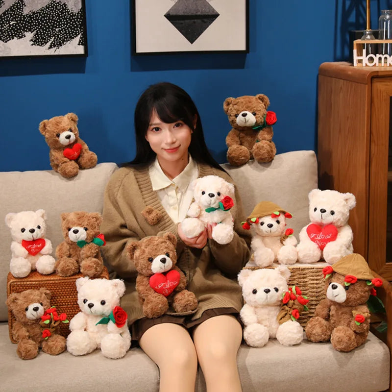 Wholesale Creative 16/25CM Bear Plush Toy Red Heart Romantic Rose Doll Soft Handmade Holding Flowers Bear Doll Home Decoration