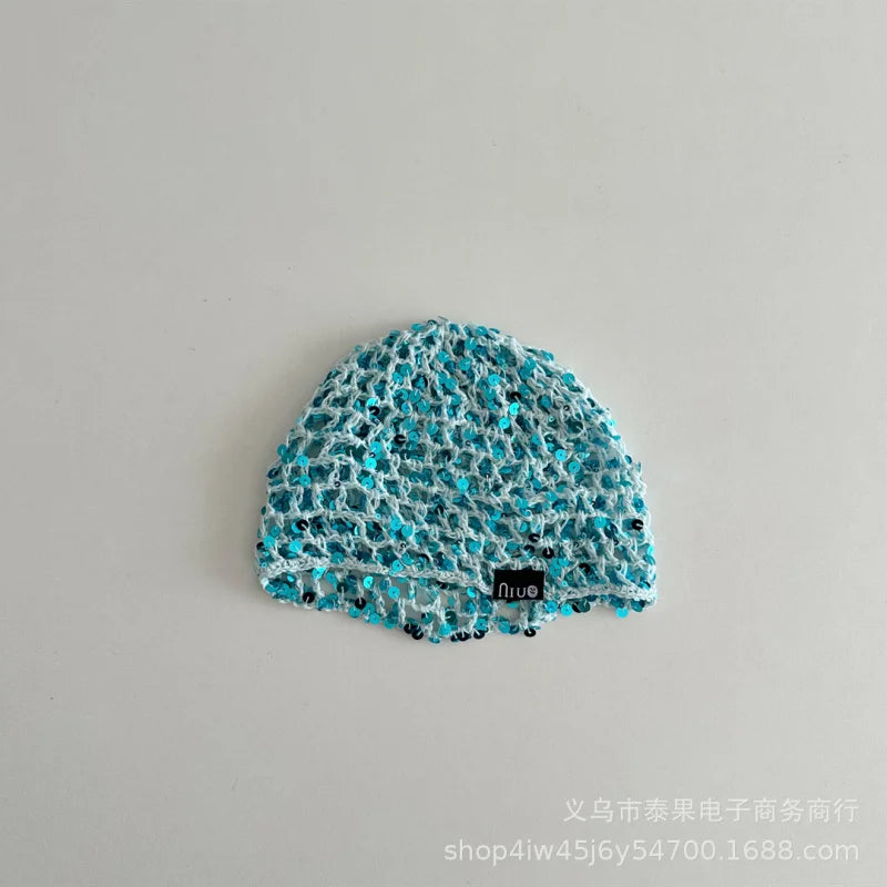 Early Autumn New Ethnic Style Sequin Hollow Knitted Pullover Hat for Girls Fashionable Stylish Fishnet Headwrap Hat