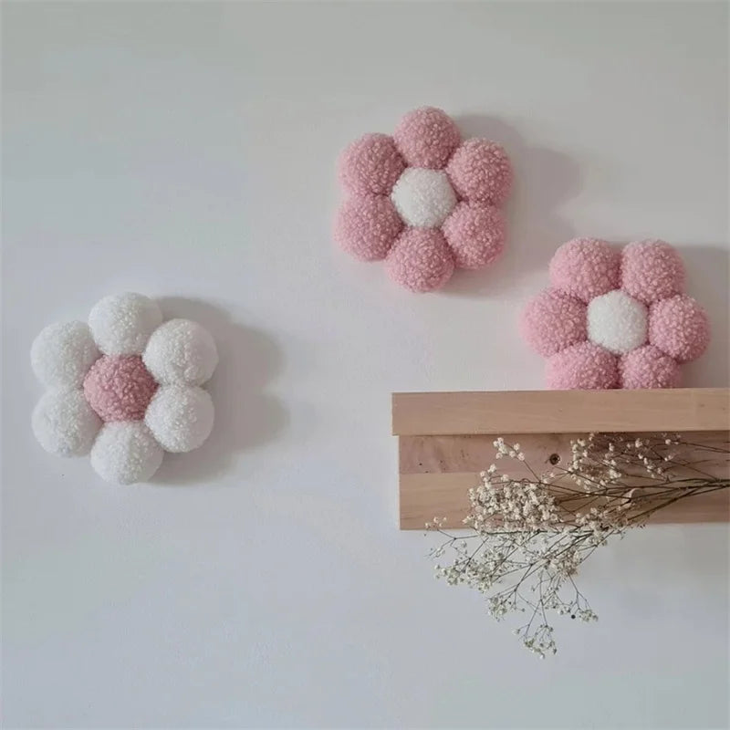 Ins Boho Macrame Daisy Flower Pompom Wall Decor 12 Piece Pink Set for Kids Room Nursery