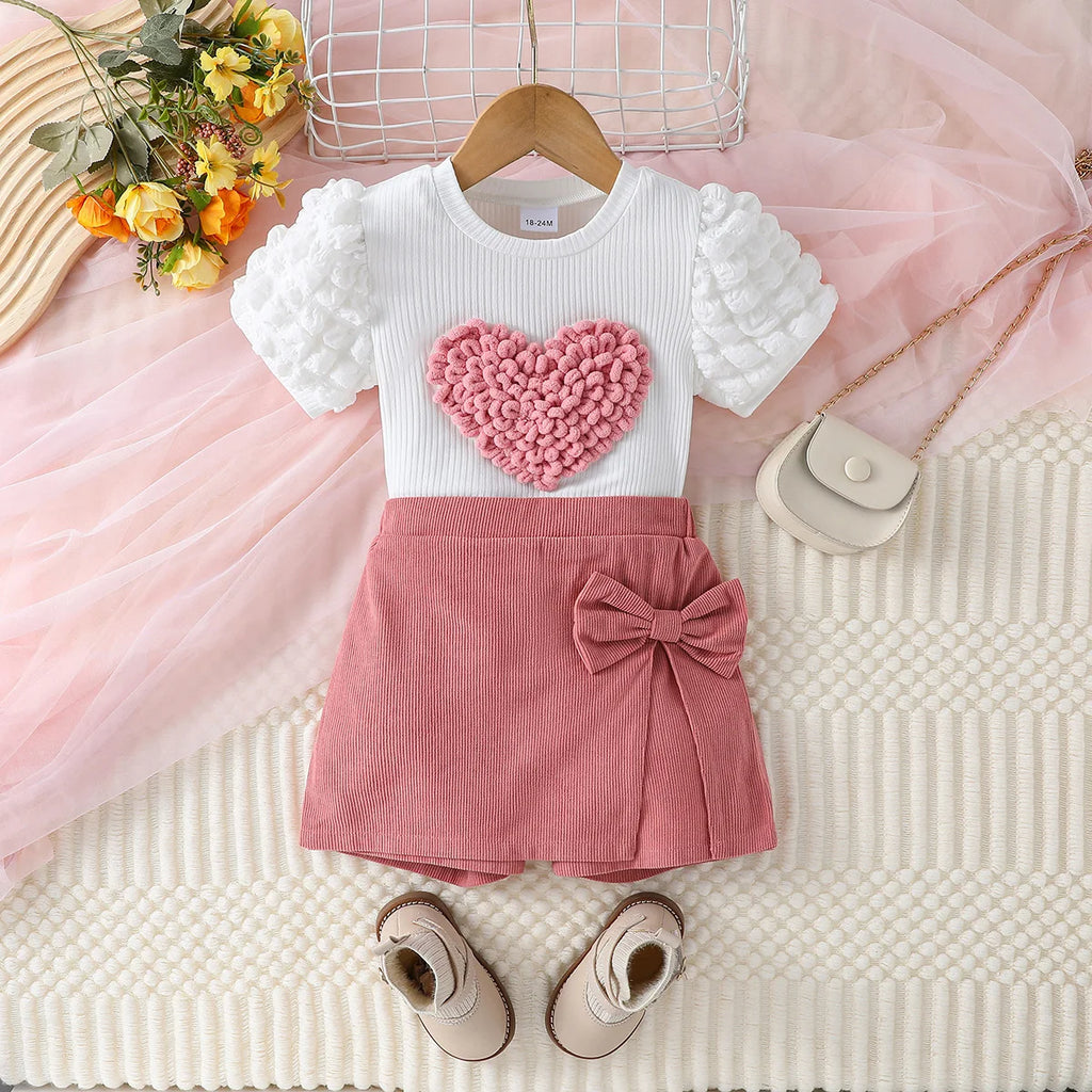 Children Girls Puff Sleeve With Heart Top& Solid With Bow Short Pants For 1-6Y Sets Clothes Kids Fashion Summer Suit