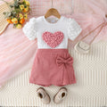 Children Girls Puff Sleeve With Heart Top& Solid With Bow Short Pants For 1-6Y Sets Clothes Kids Fashion Summer Suit