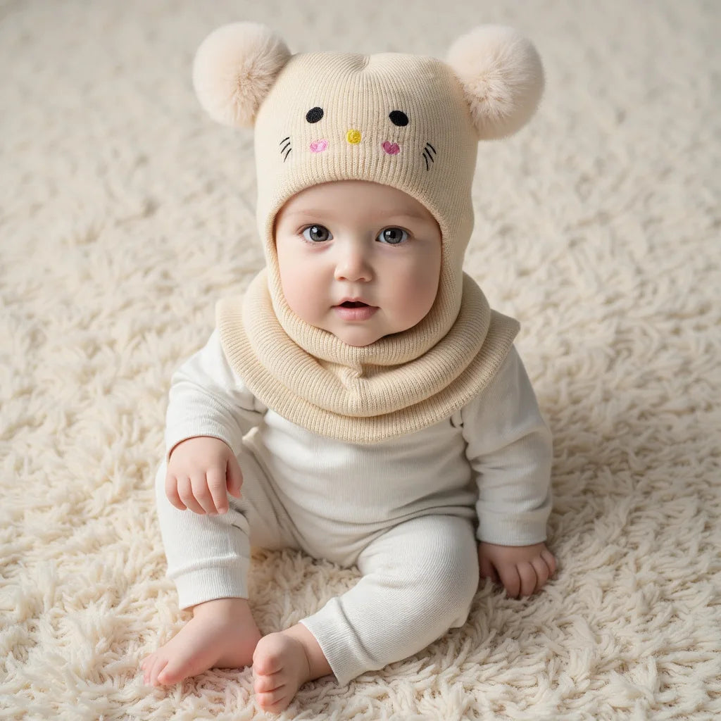 0-3Y Kids Balaclava Toddler Beanie Double Balls Baby Cat Stretchy New Born Girls Boys Beanies Winter Hats for Cold Weather Gear