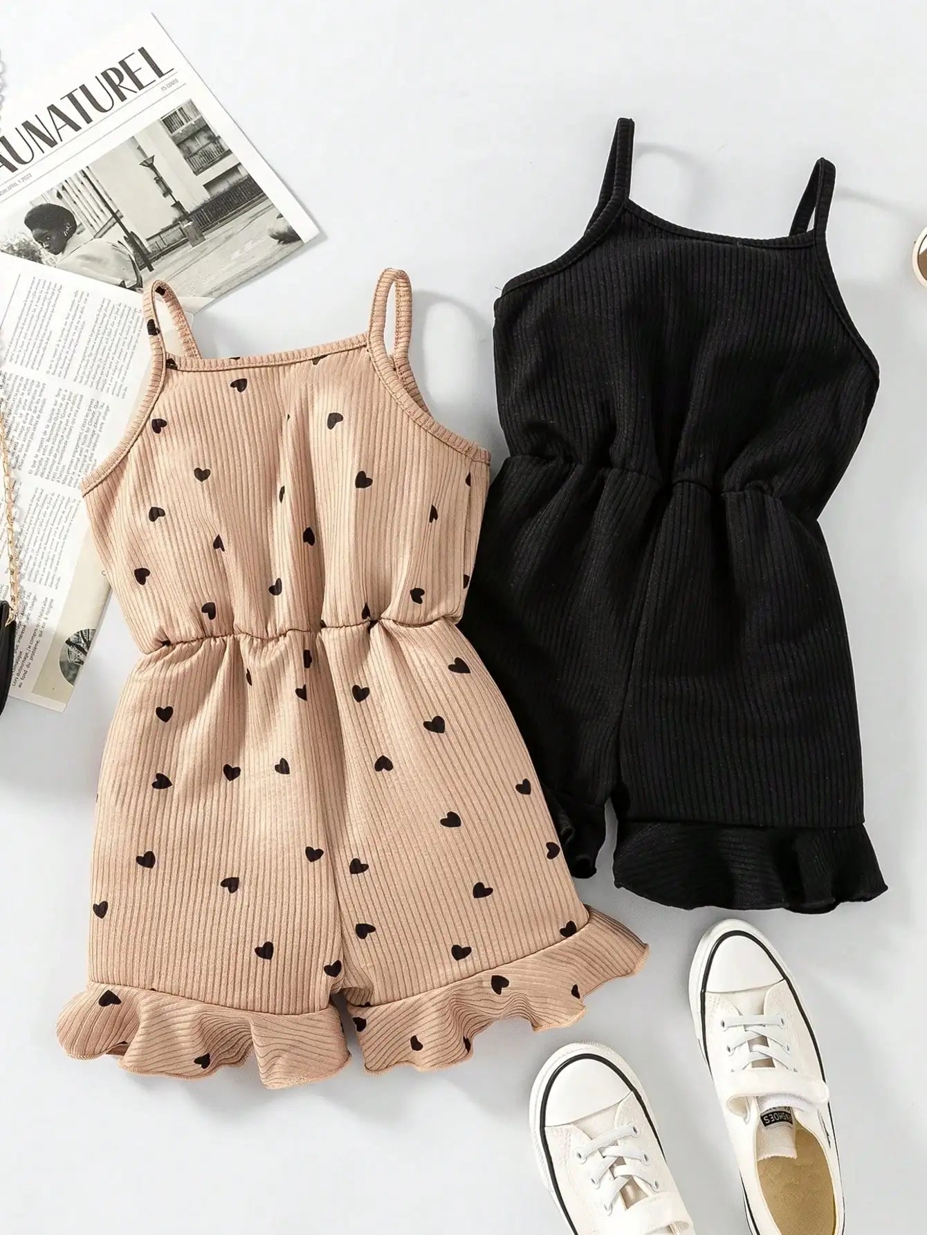 2pcs Girls Casual Summer Button up Heart-Shaped Camisole Jumpsuit Set Two Colors Suitable for Outdoor Travel