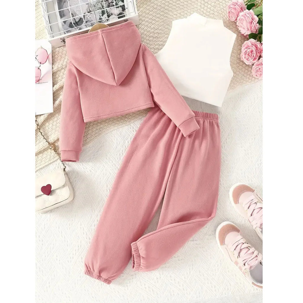 3 Pcs Kids Girls' Clothes Set Spring And Autumn Baby Girls Long-Sleeve Hooded Sweatshirt +Sleeveless Vest+ Long Pants Daily Wear