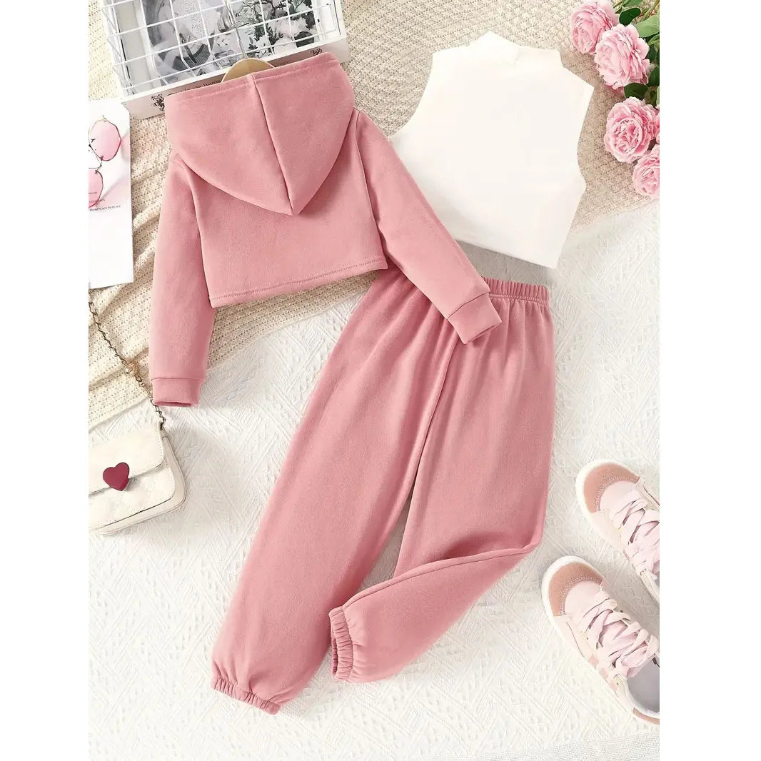 3 Pcs Kids Girls' Clothes Set Spring And Autumn Baby Girls Long-Sleeve Hooded Sweatshirt +Sleeveless Vest+ Long Pants Daily Wear
