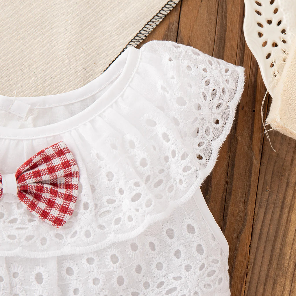 2pc/Set Girls' Suit Summer Bow And Plaid Lace Trim Short Sleeve Casual Toddler Girl Clothes Cute Simple Children Clothes