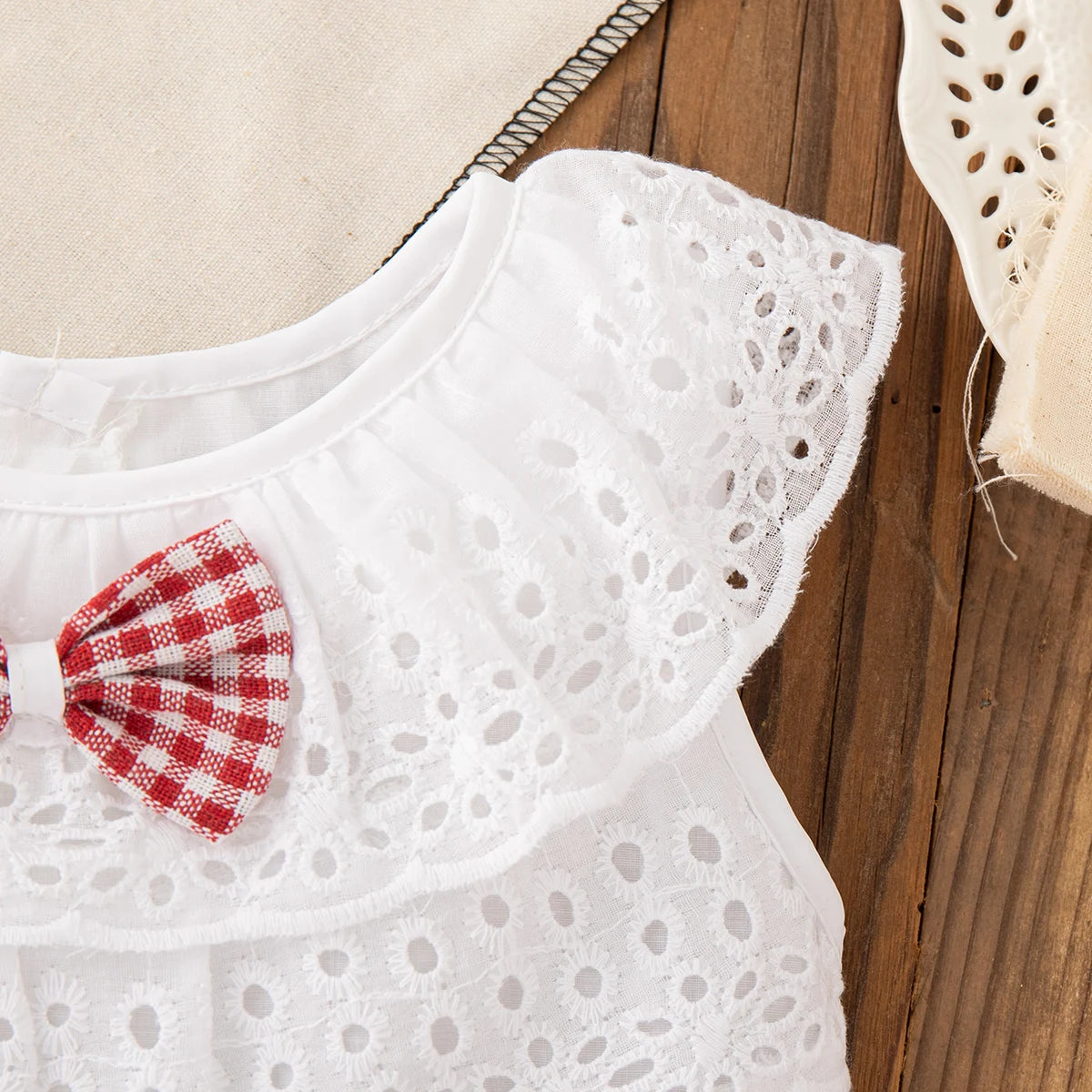 2pc/Set Girls' Suit Summer Bow And Plaid Lace Trim Short Sleeve Casual Toddler Girl Clothes Cute Simple Children Clothes