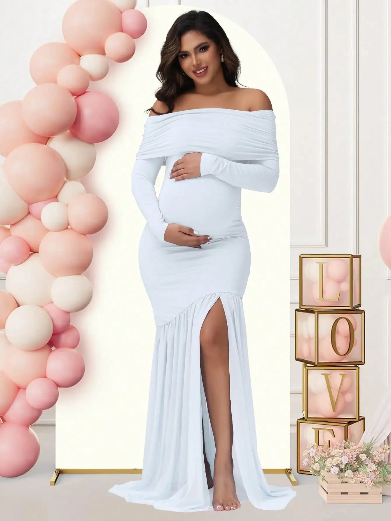 Maternity One Shoulder Off Shoulder Dress With Slit Hem Gown A123 For Baby Shower And Evening Party